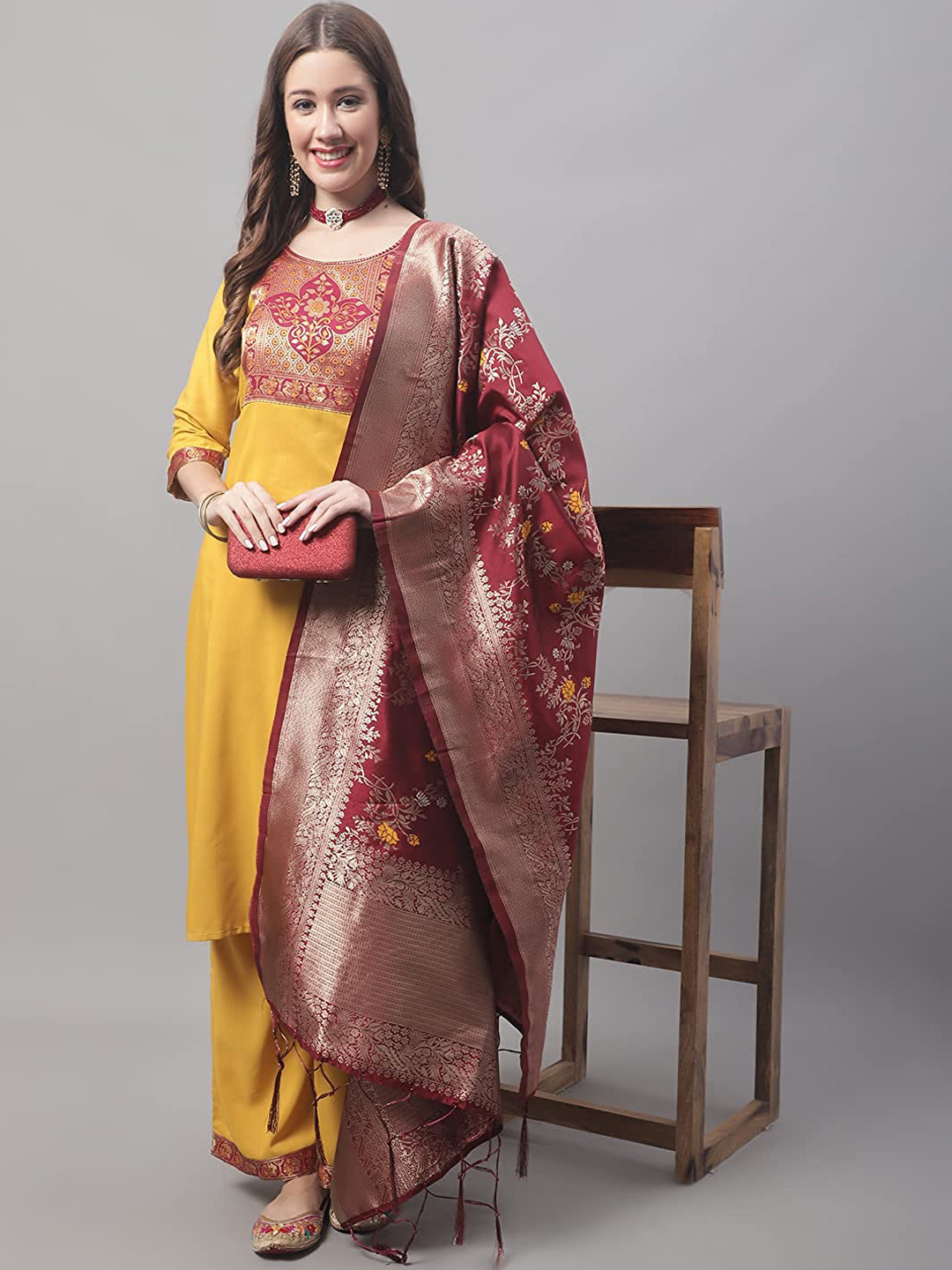 

KALINI Ethnic Motifs Woven Design Kurta with Palazzos & Dupatta, Yellow