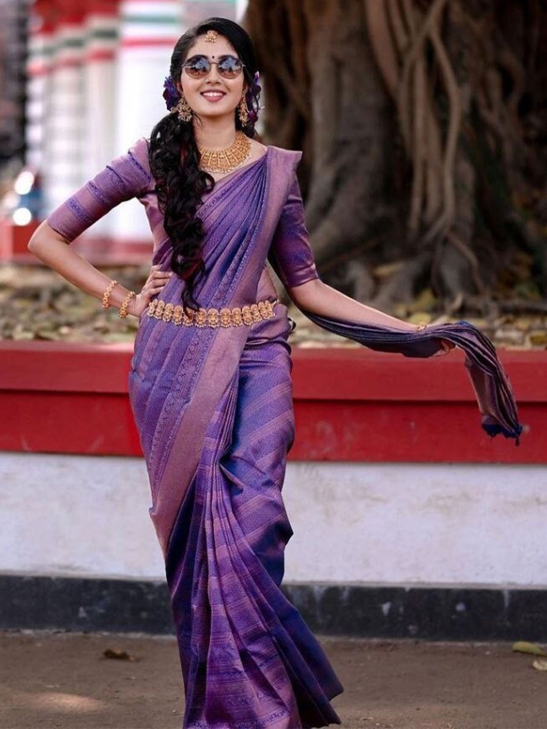

Naishu Trendz Striped Woven Design Zari Pure Silk Kanjeevaram Saree, Purple