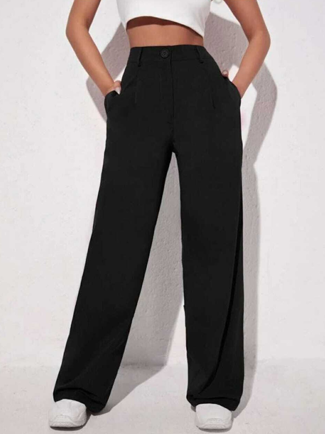 

Next One Women Black Relaxed Straight Leg Loose Fit High-Rise Easy Wash Parallel Trousers