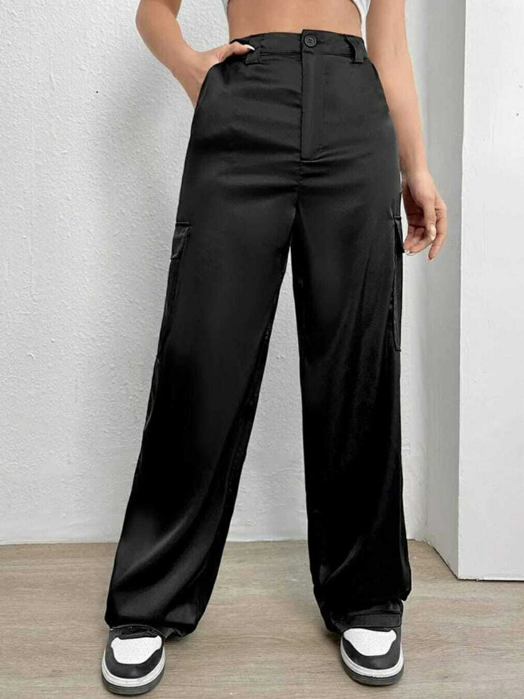 

Next One Women Relaxed Straight Leg High-Rise Easy Wash Prallel Trousers, Black
