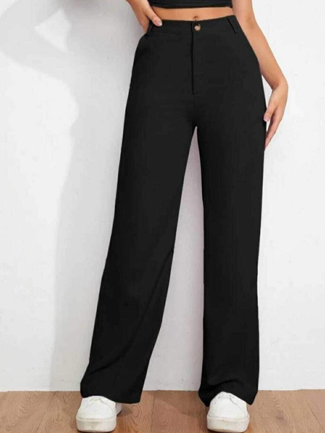 

Next One Women Relaxed Straight Leg Loose Fit Mid-Rise Easy Wash Parallel Trousers, Black
