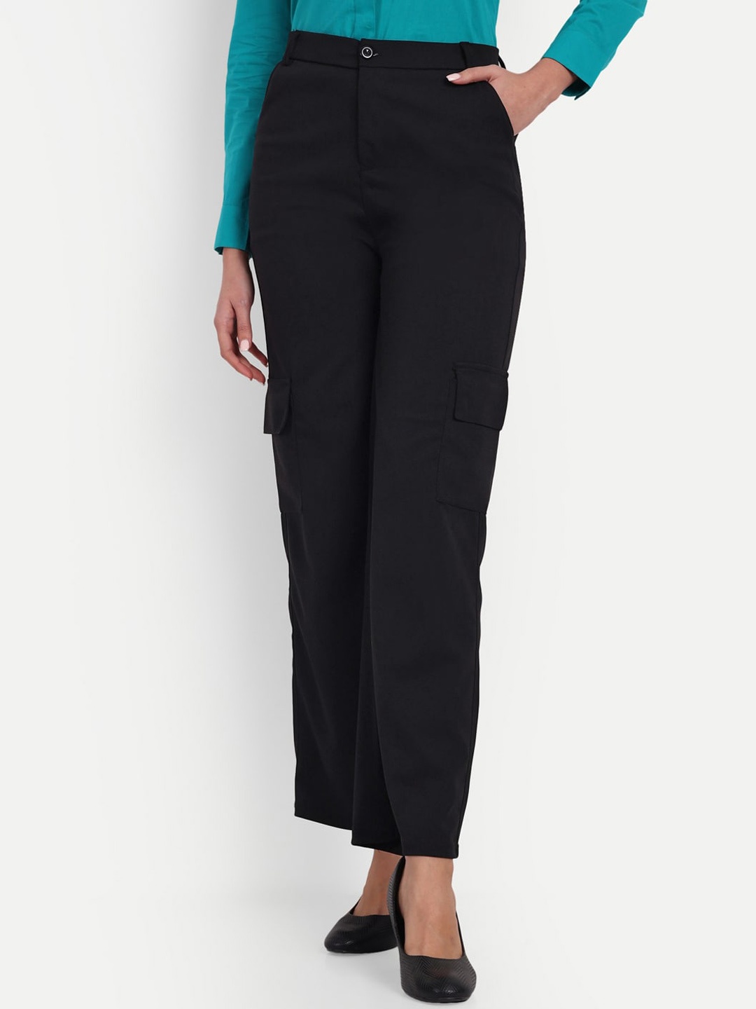 

Next One Women Relaxed Straight Leg Loose Fit High-Rise Easy Wash Cargo Trousers, Black