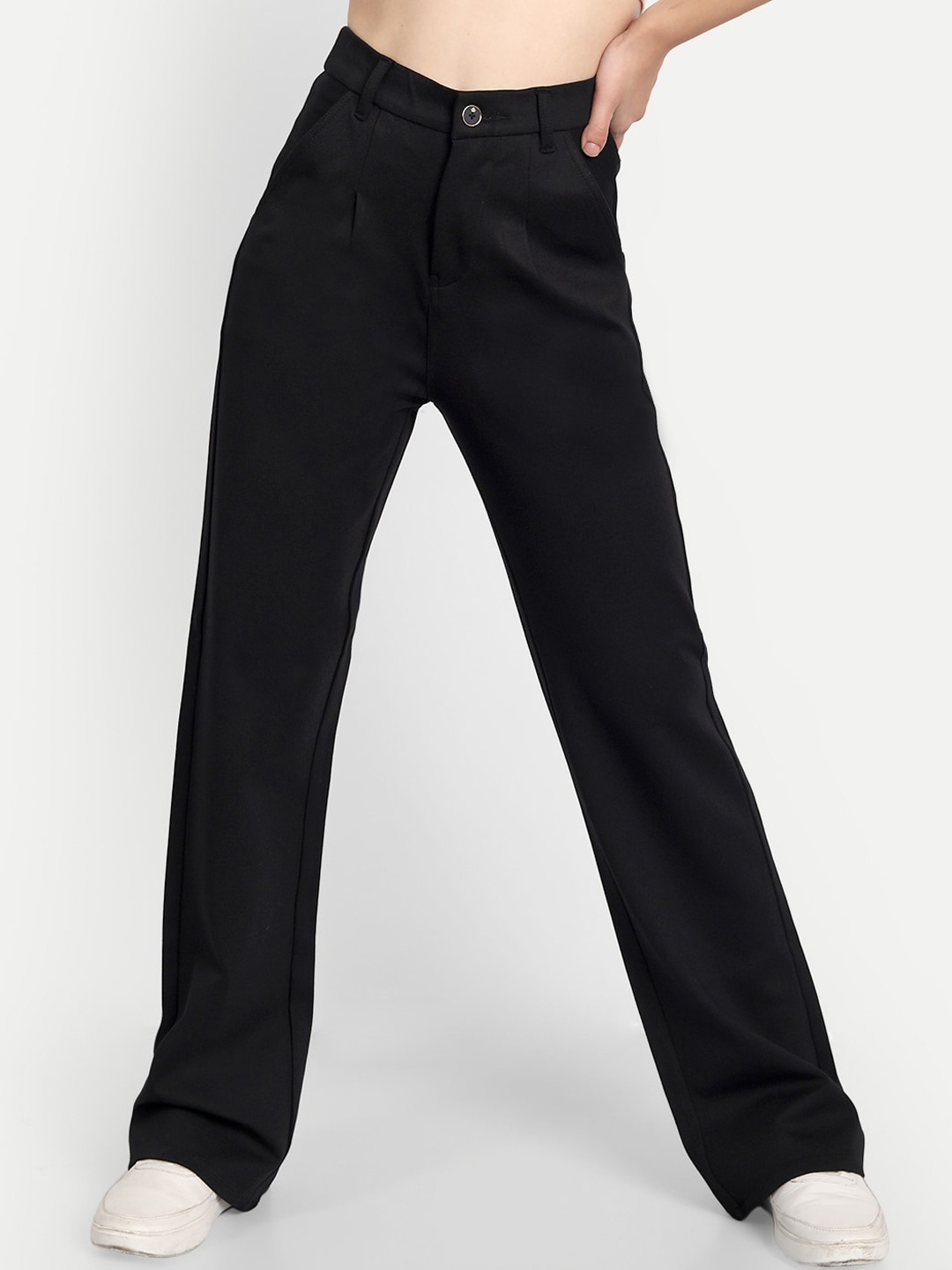 

Next One Women Relaxed Straight Leg Loose Fit High-Rise Easy Wash Trousers, Black