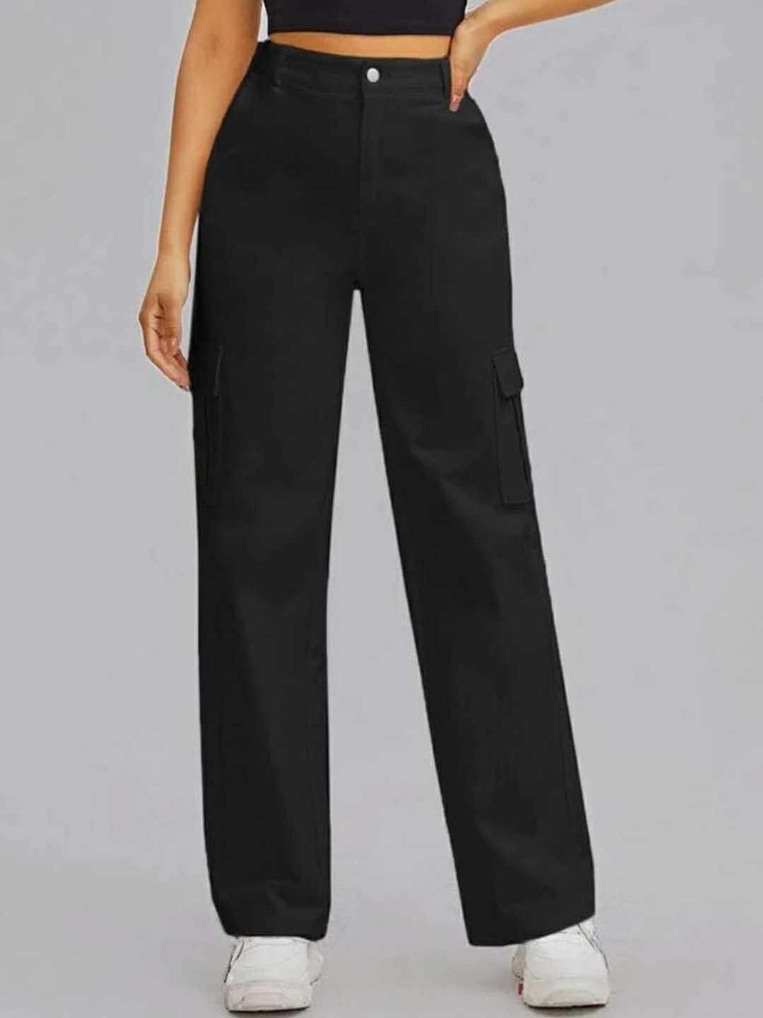 

Next One Women Relaxed Straight Leg High-Rise Easy Wash Cargos Trousers, Black