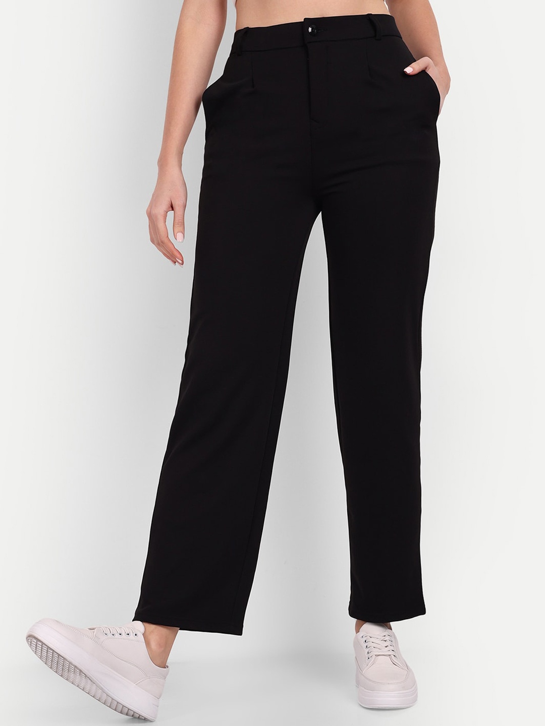 

Next One Women Straight Fit High-Rise Stretchable Easy Wash Trousers, Black