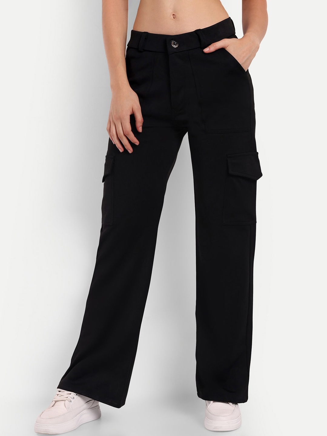 

Next One Women Relaxed Straight Fit High-Rise Easy Wash Cargo Trousers, Black