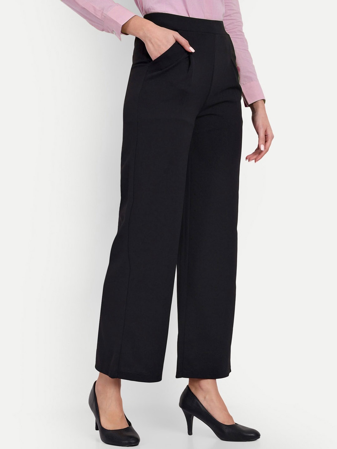 

Next One Women Tailored Loose Fit High-Rise Easy Wash Stretchable Parallel Trousers, Black