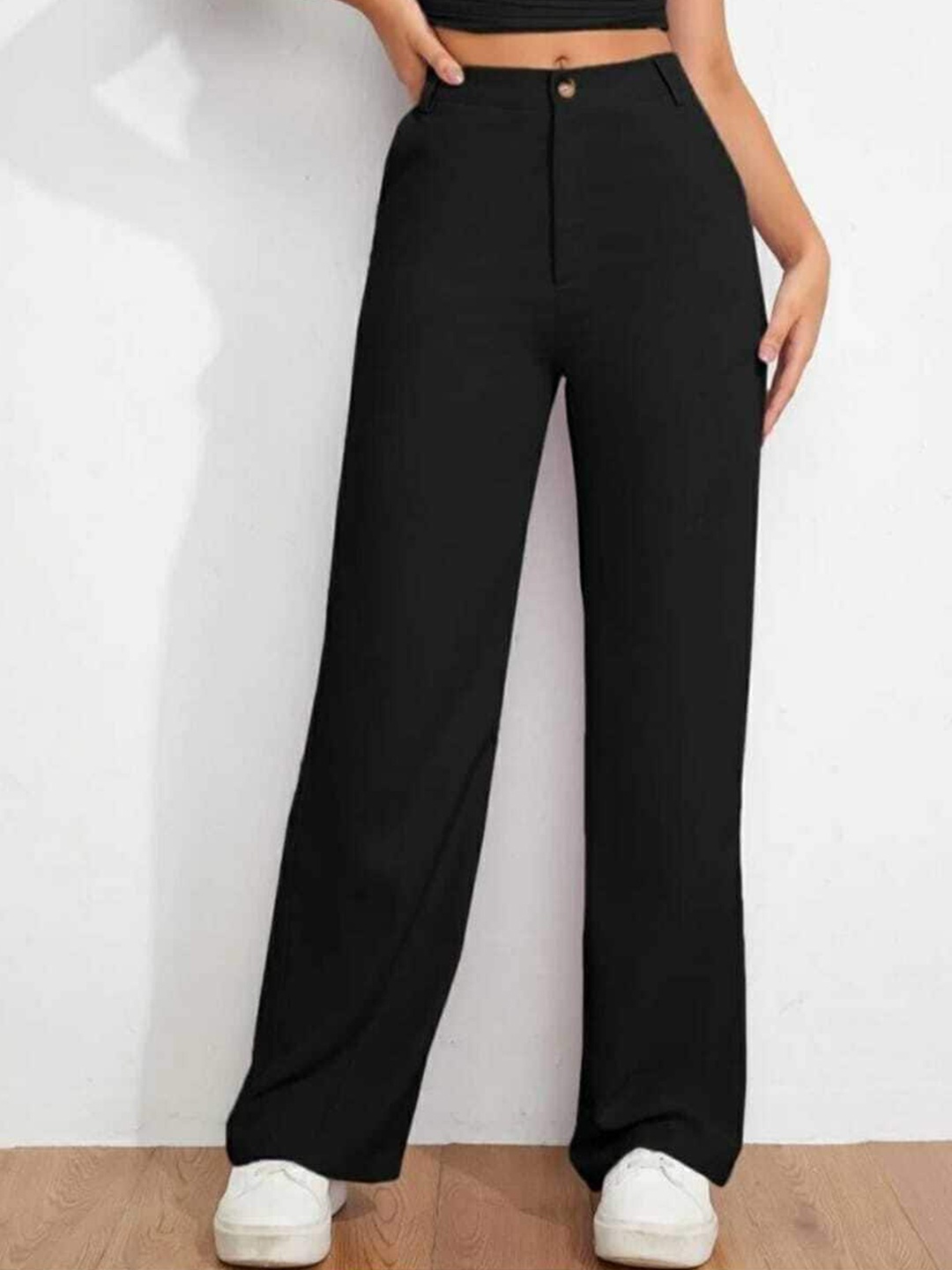 

Next One Women Relaxed Straight Leg Loose Fit High-Rise Easy Wash Parallel Trousers, Black