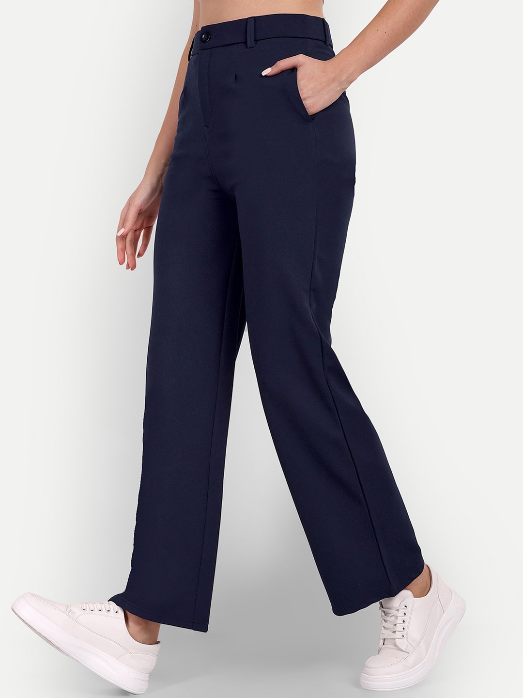 

Next One Women Tailored Straight Fit High-Rise Easy Wash Parallel Trousers, Navy blue