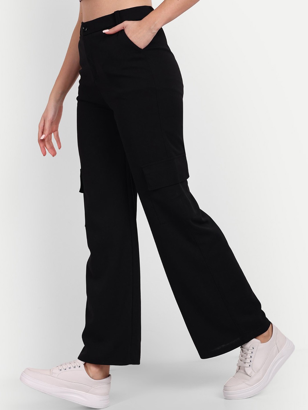 

Next One Women Relaxed Straight Leg Loose Fit High-Rise Easy Wash Cargo Trousers, Black