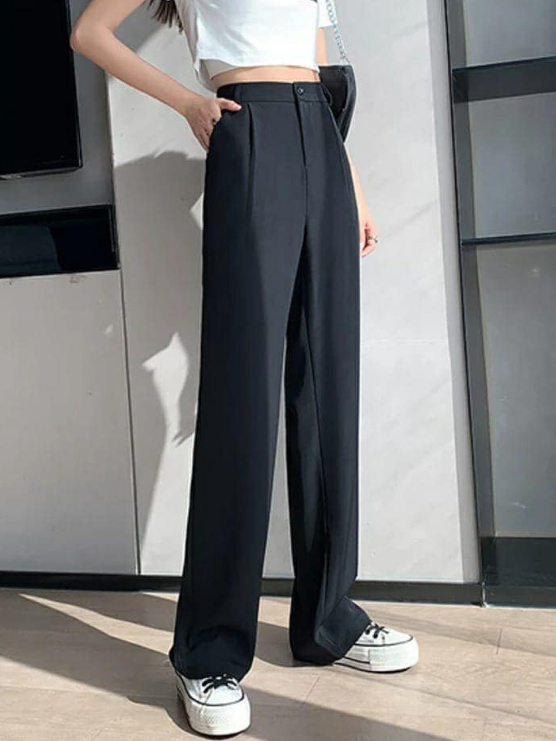 

Next One Women Relaxed Straight Leg Loose Fit High-Rise Easy Wash Formal Trousers, Black