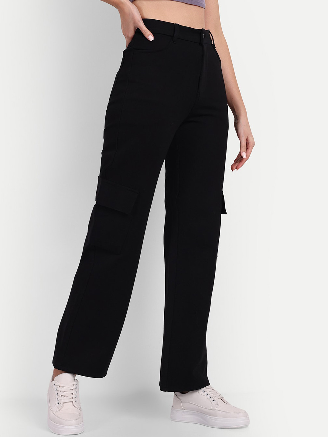 

Next One Women Relaxed Straight Leg Loose Fit High-Rise Easy Wash Cargo Trousers, Black
