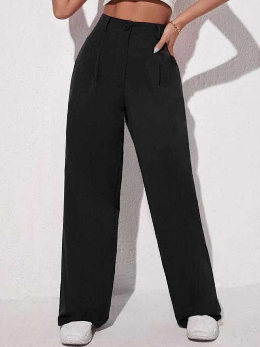 

Next One Women Relaxed Straight Leg Loose Fit High-Rise Easy Wash Pleated Formal Trousers, Black
