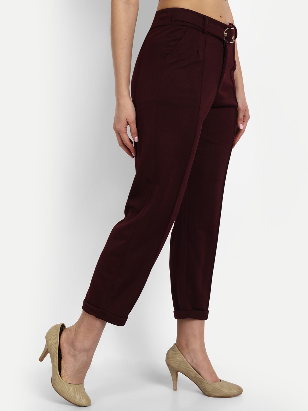 

Next One Women Relaxed Straight Leg Loose Fit High-Rise Easy Wash Formal Trousers, Maroon