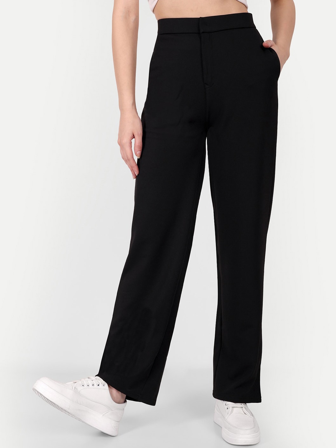 

Next One Women Smart Straight Fit High-Rise Easy Wash Trousers, Black