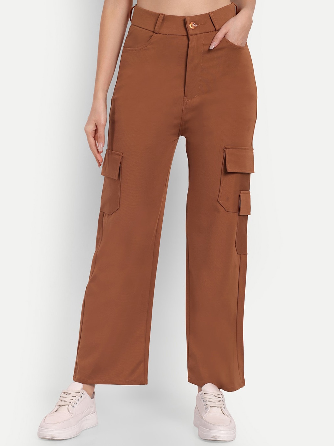 

Next One Women Smart Straight Fit High-Rise Easy Wash Cargos Trousers, Tan