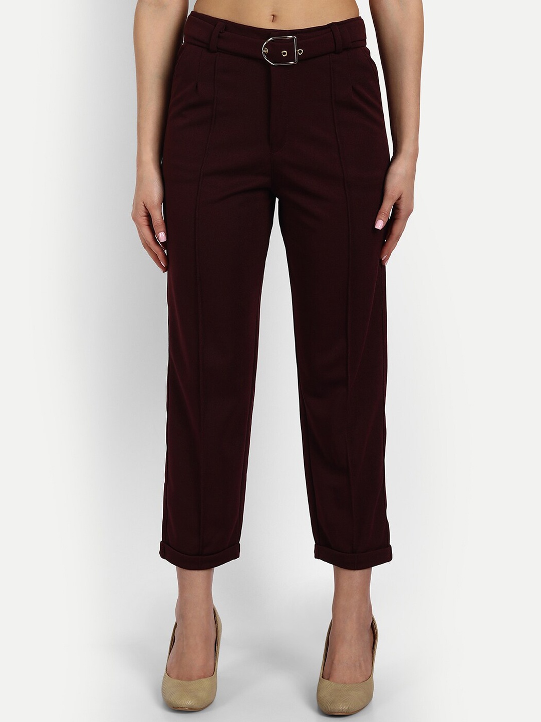 

Next One Women Relaxed Straight Leg Loose Fit High-Rise Easy Wash Pleated Trousers, Maroon