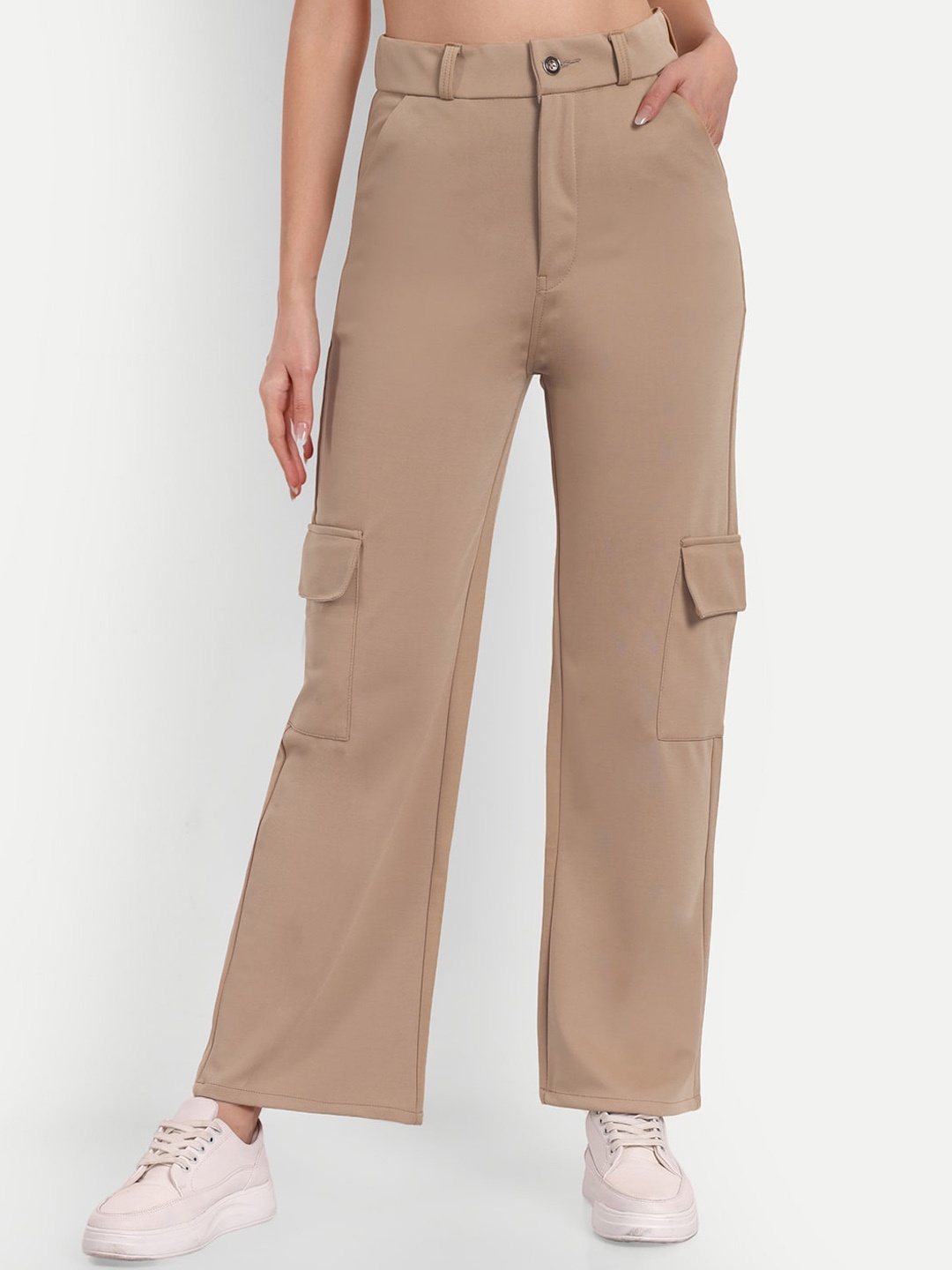 

Next One Women Smart Straight Fit High-Rise Easy Wash Cargos Trousers, Beige