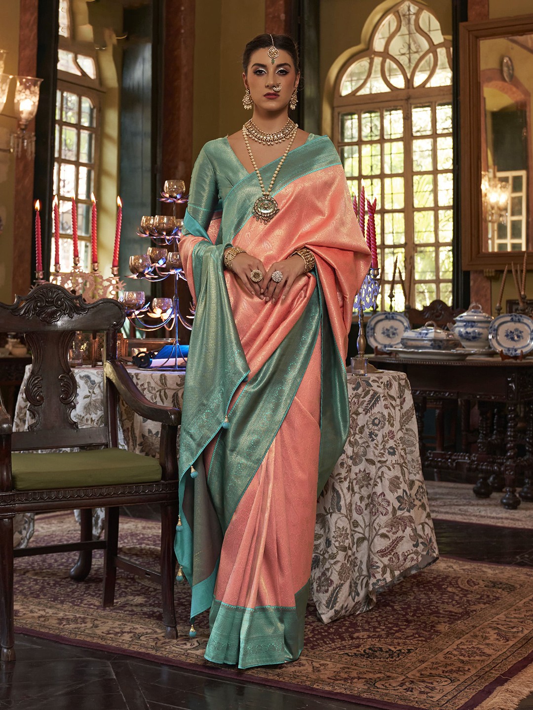 

elora Woven Design Zari Pure Silk Kanjeevaram Saree, Peach