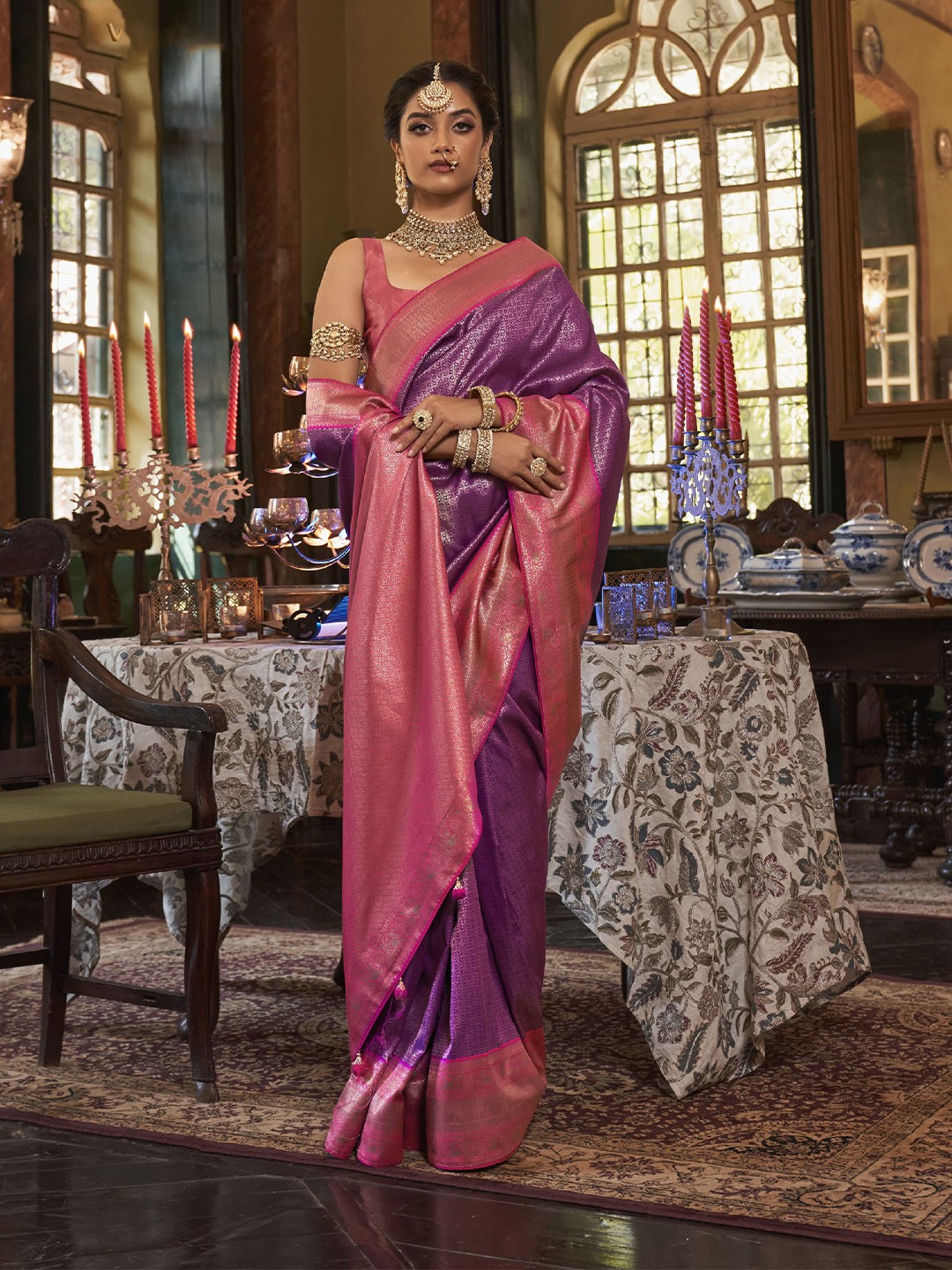 

elora thnic Motifs Woven Design Zari Pure Silk Kanjeevaram Saree, Purple