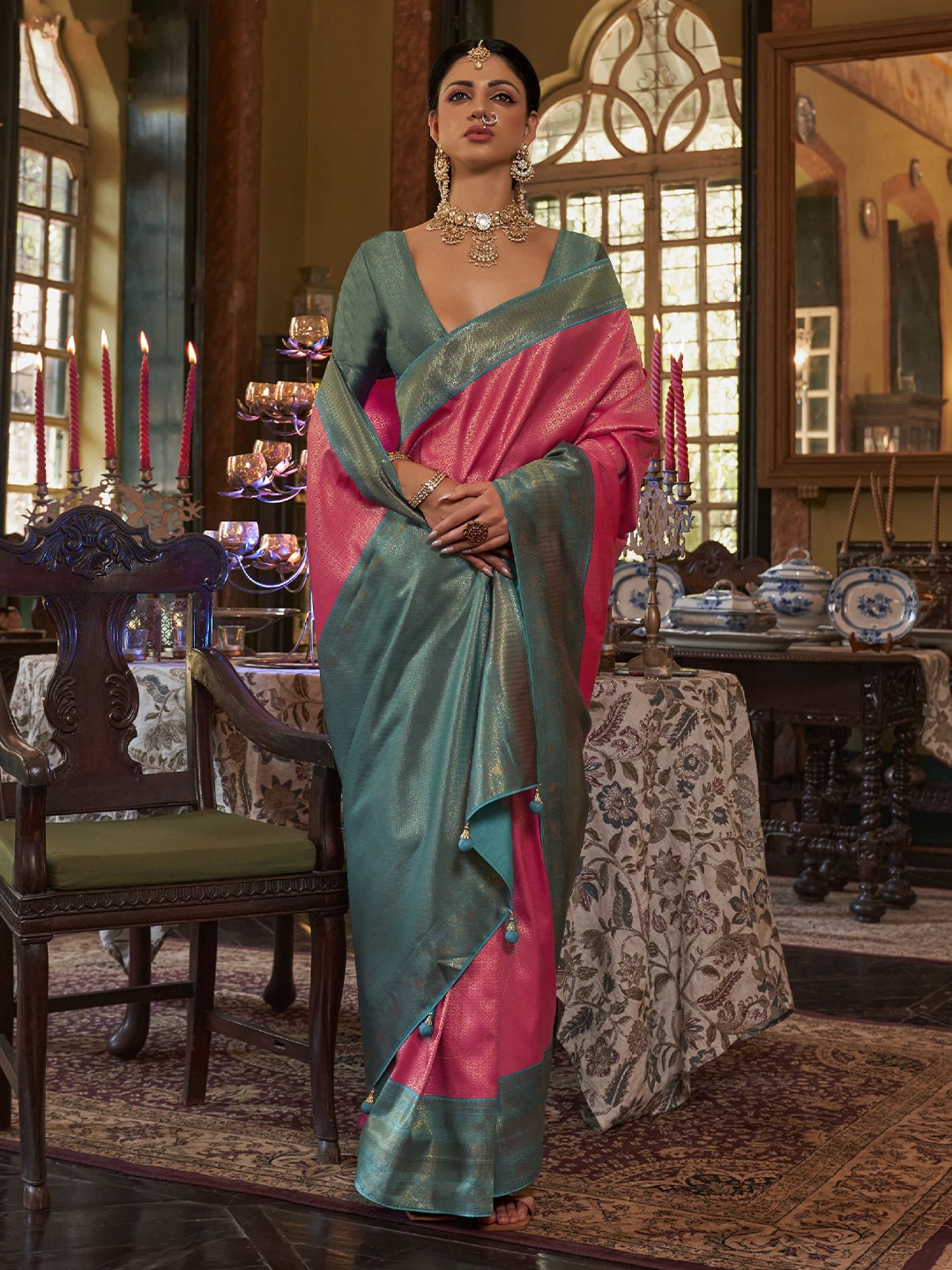 

elora Ethnic Woven Design Zari Pure Silk Kanjeevaram Saree, Pink