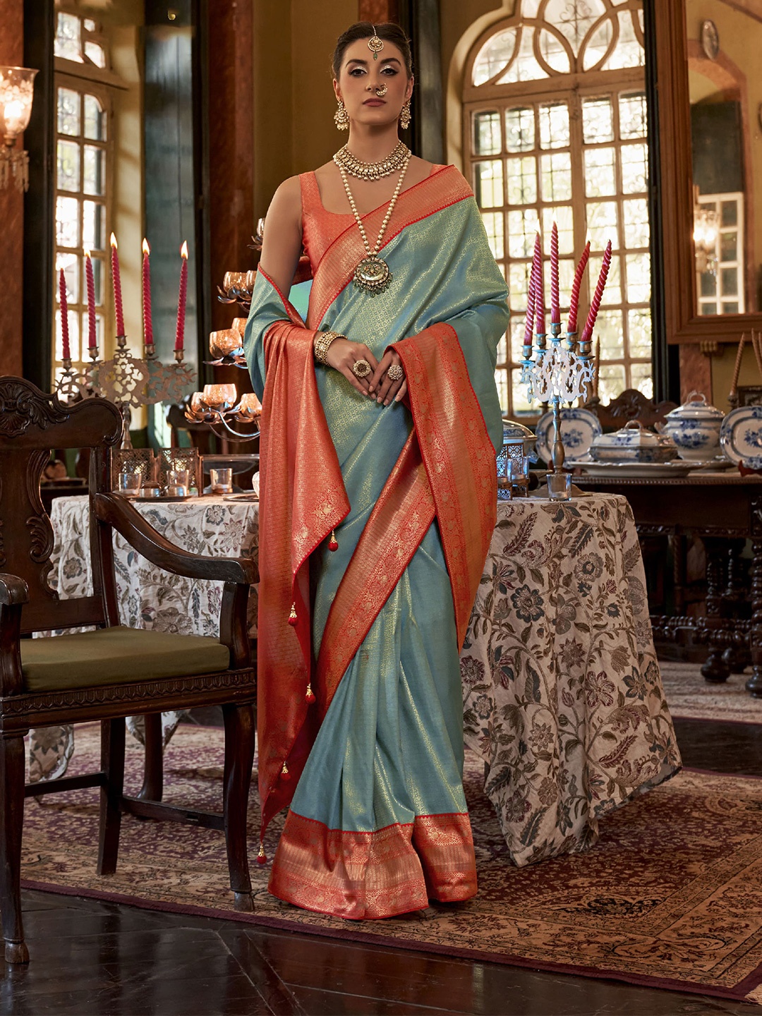 

elora Ethnic Motifs Woven Design Zari Pure Silk Kanjeevaram Saree, Blue