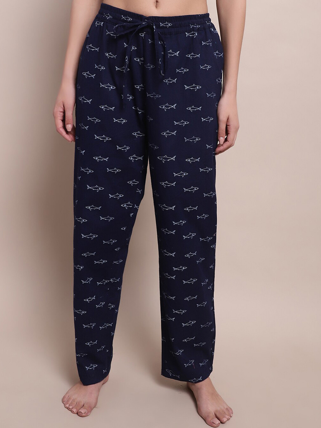 

Shararat Shark Printed Cotton Lounge Pants, Navy blue
