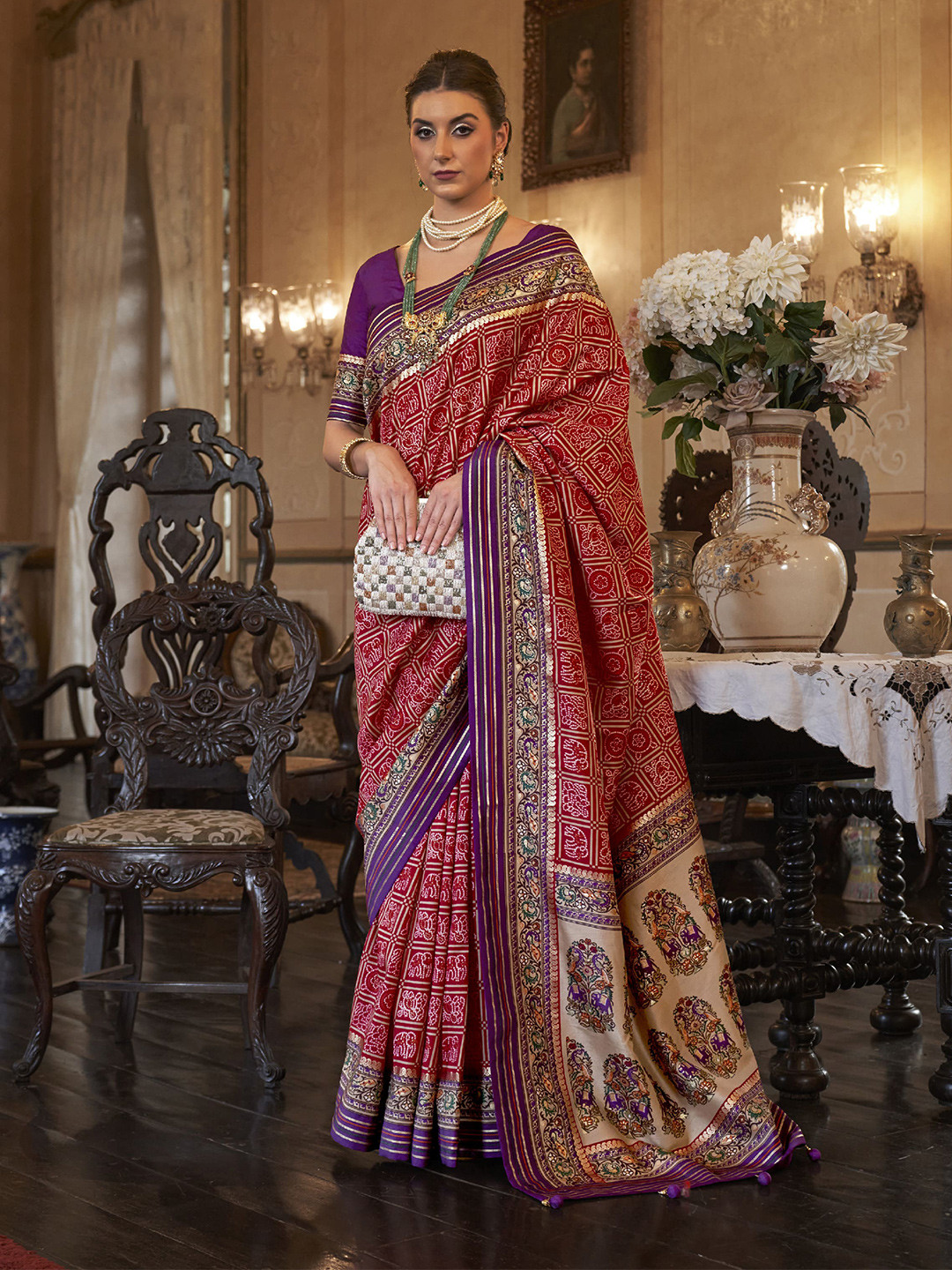 

elora Ethnic Motifs Zari Pure Silk Patola Saree, Pink