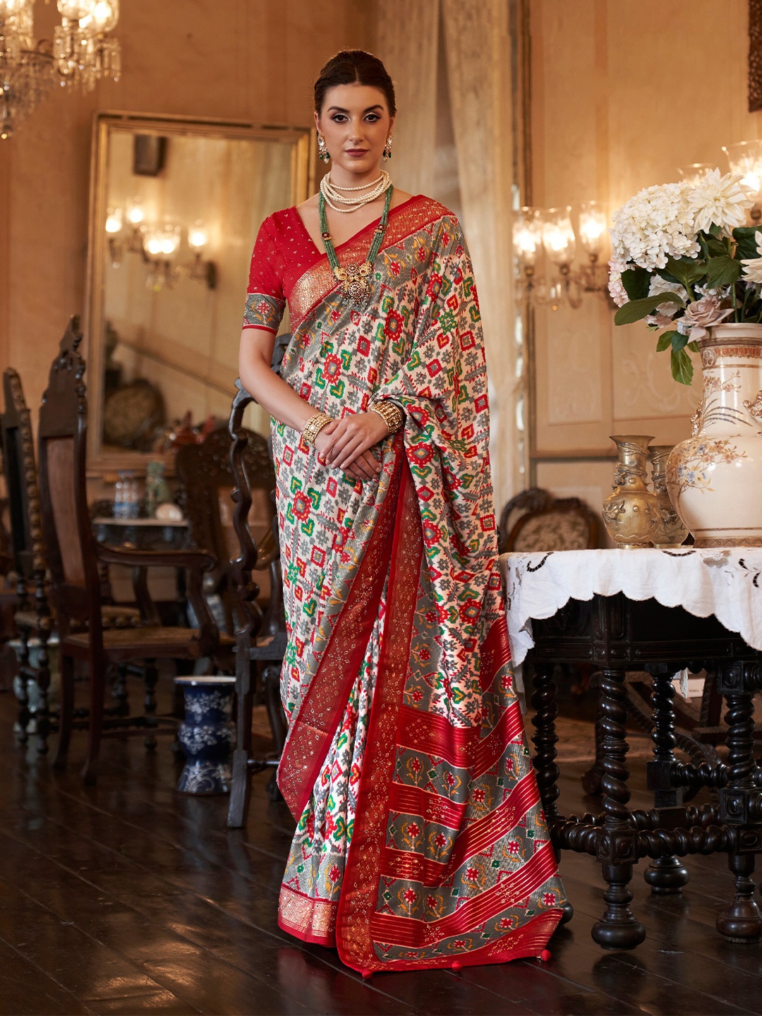 

elora Floral Printed Zari Pure Silk Patola Saree, Beige