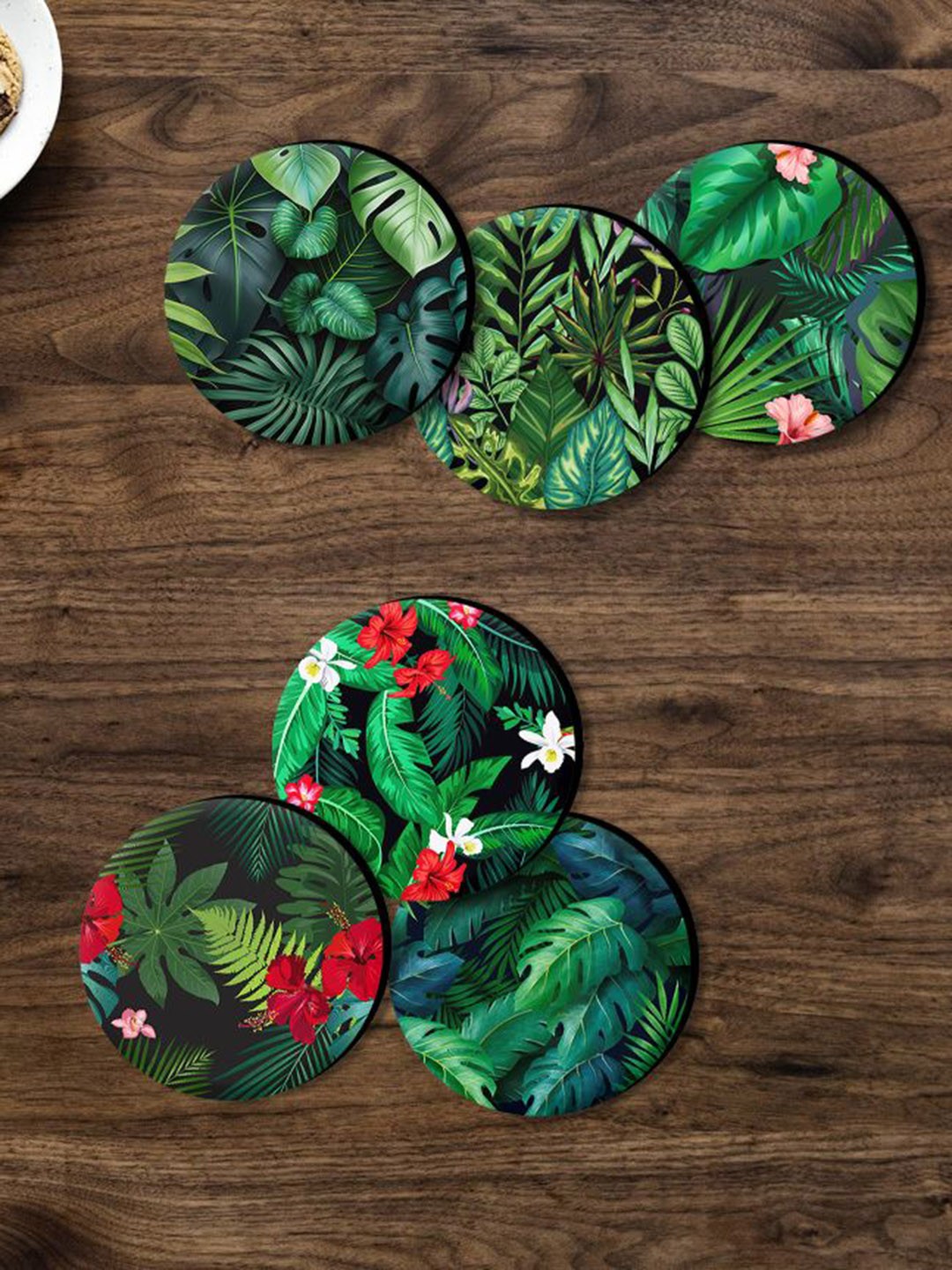 

SAF Green 6 Pieces Tropical Leaves Printed Round Coasters