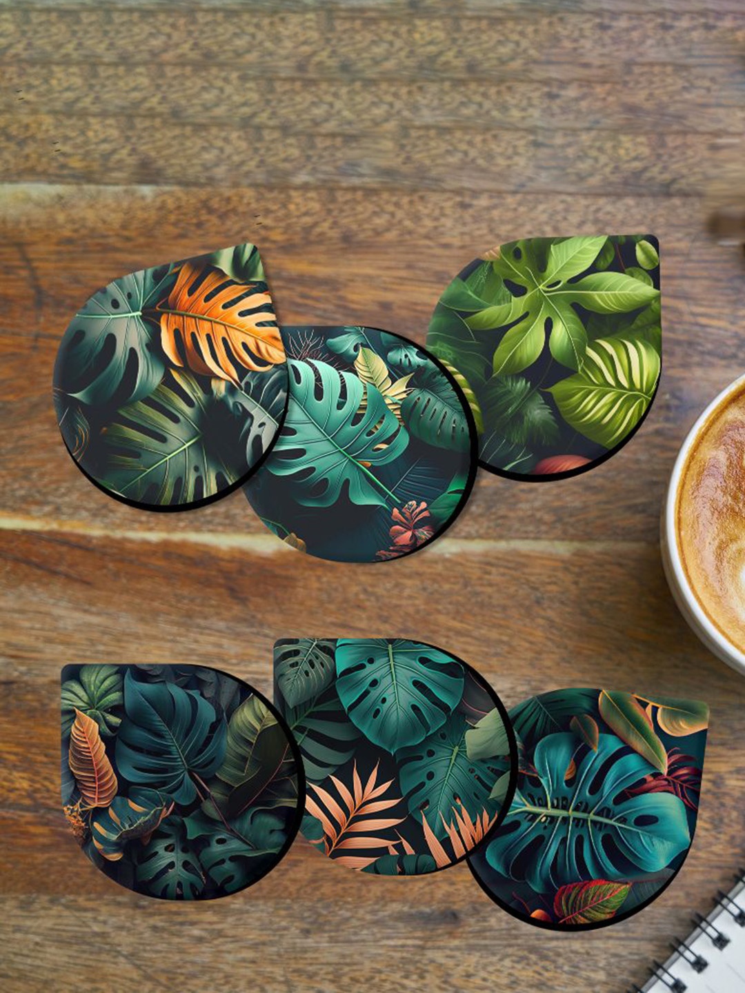

SAF Green 6 Pieces Tropical Leaves Printed Round Coasters