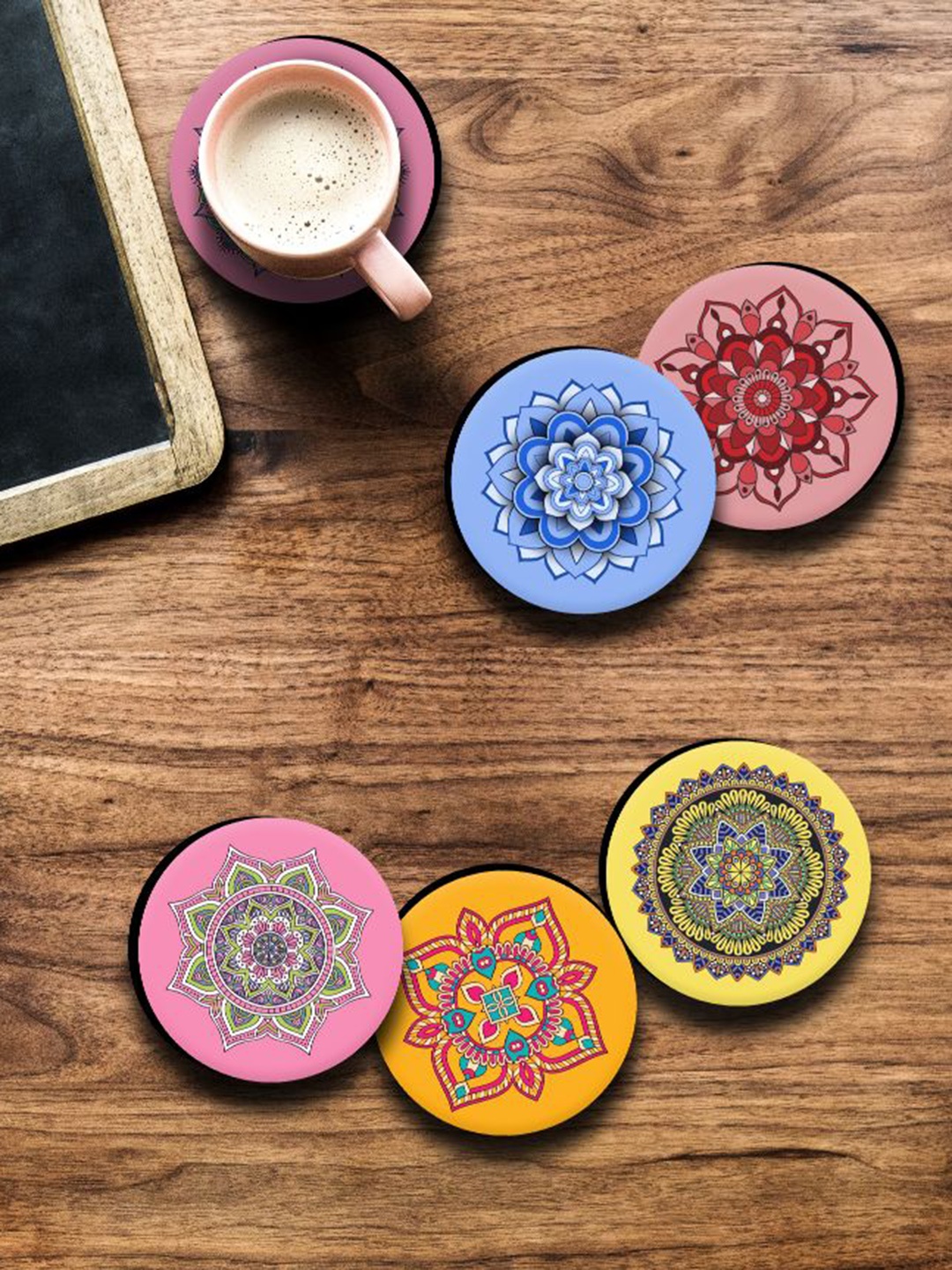 

SAF Blue & Pink 6 Pcs Boho Mandala Art Printed Round Wooden Coasters