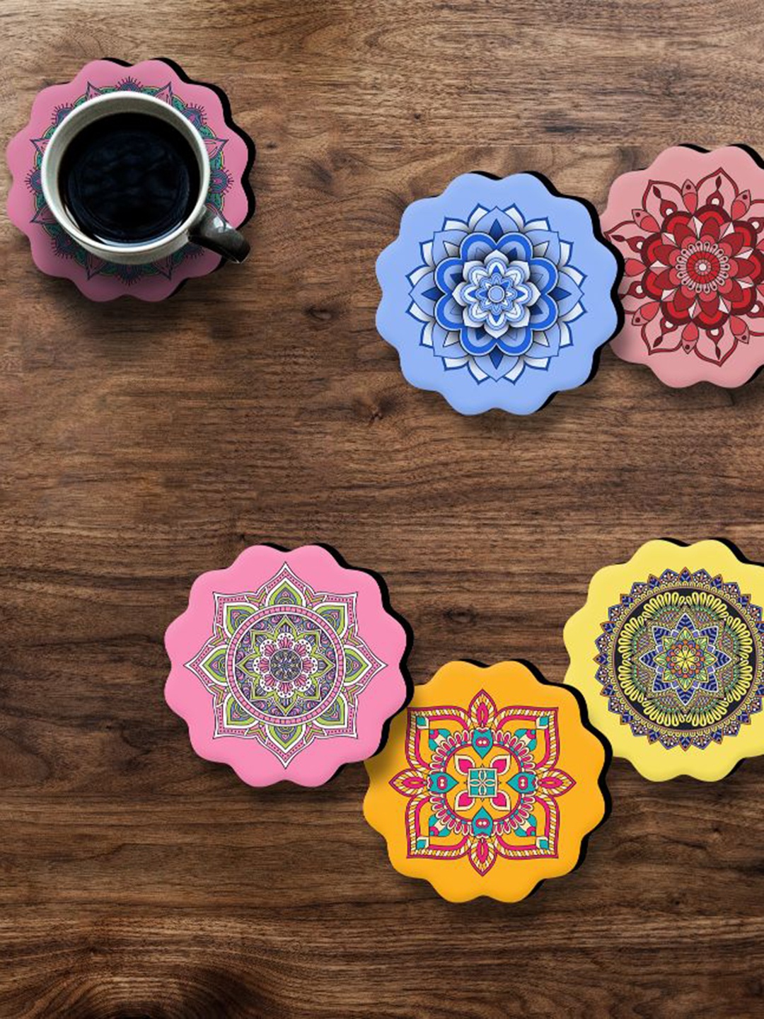 

SAF Pink 6 Pieces Boho Mandala Printed Round Wooden Coasters