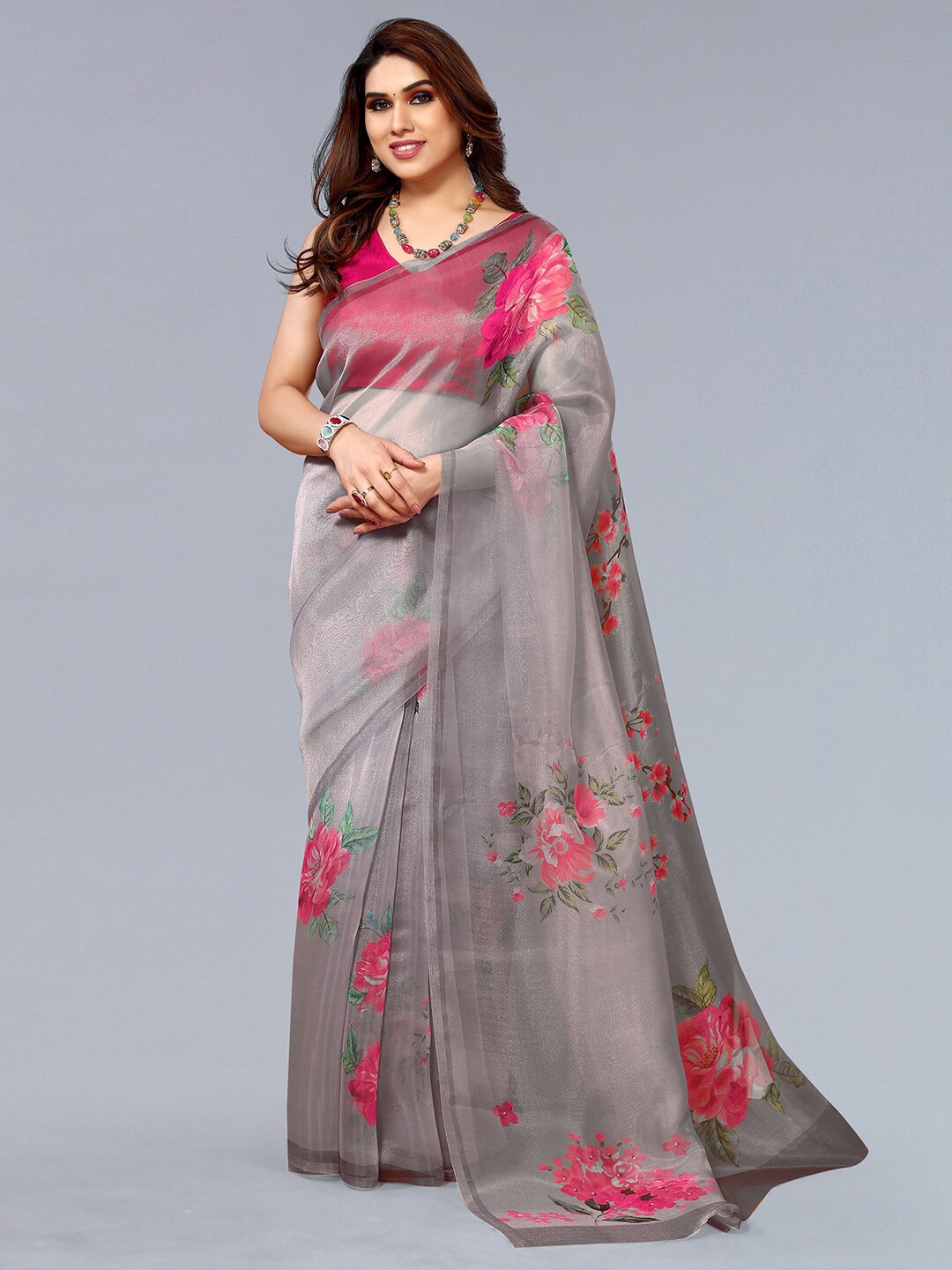 

SIRIL Floral Printed Organza Saree, Grey