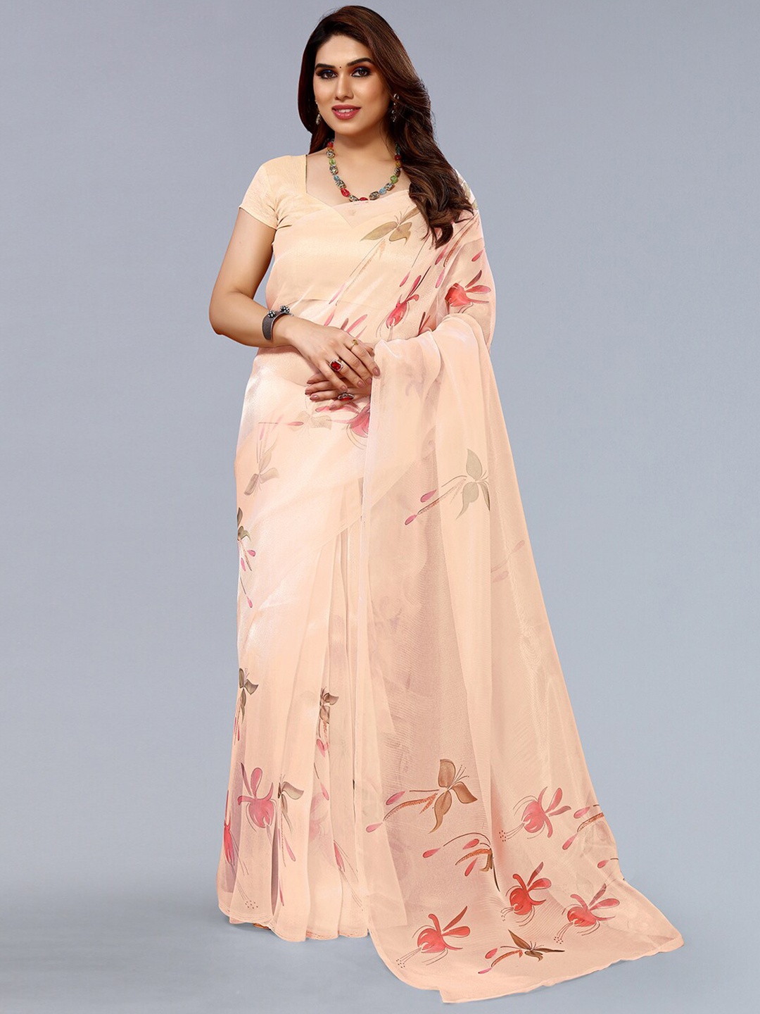 

SIRIL Floral Printed Organza Saree, Cream