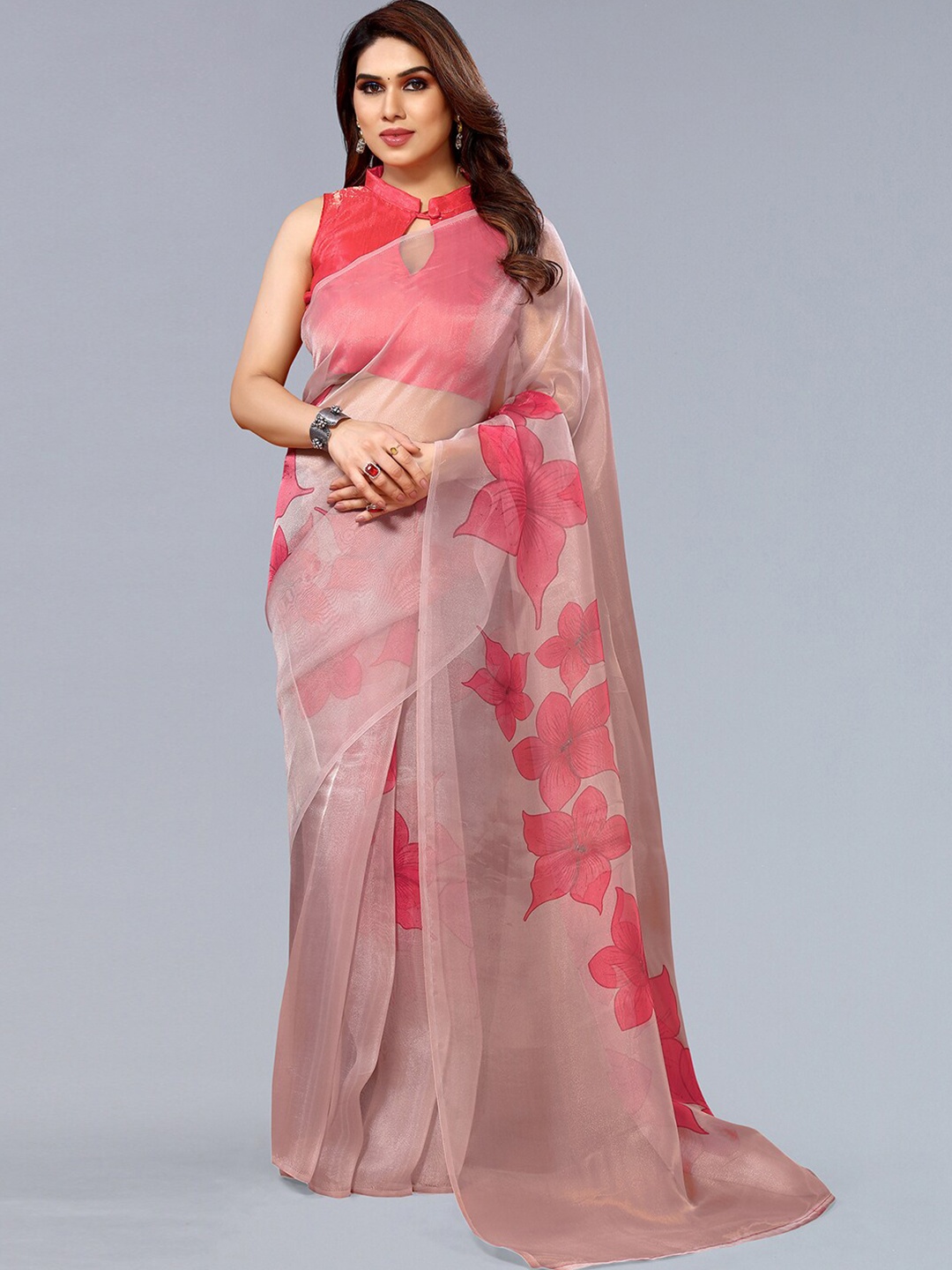

SIRIL Floral Printed Organza Saree, Peach