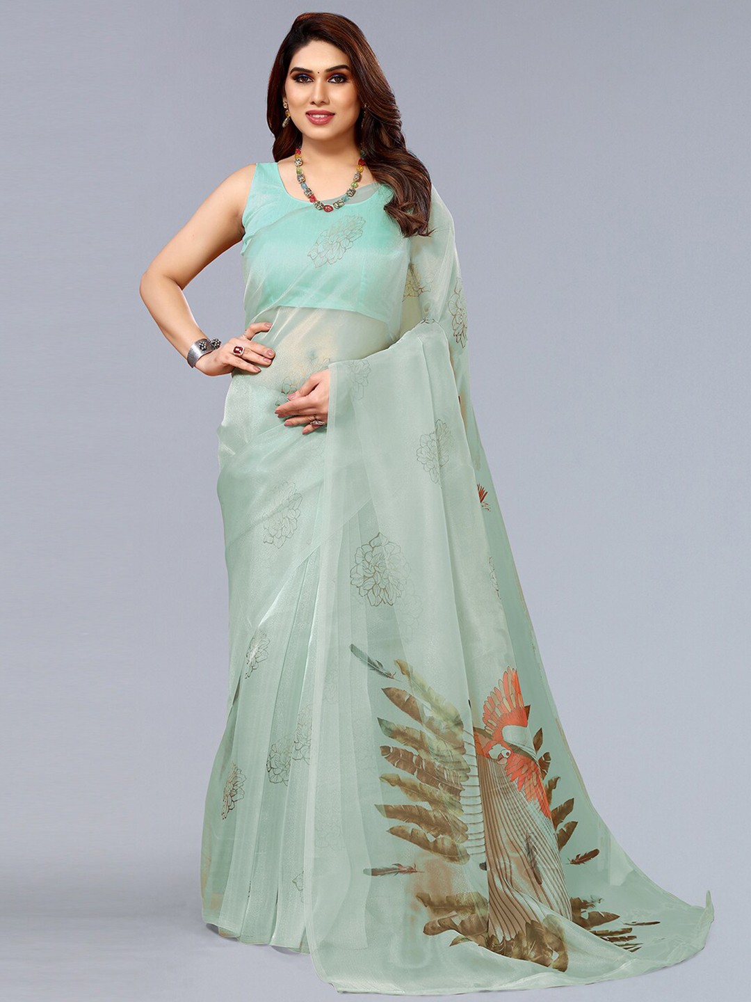 

SIRIL Floral Printed Organza Saree, Green
