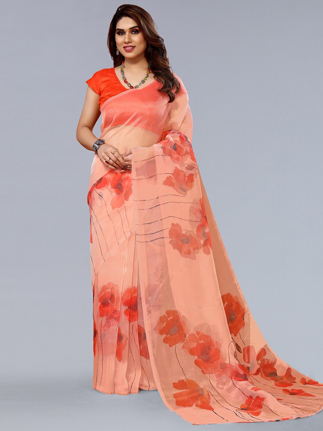 

SIRIL Floral Printed Organza Saree, Orange
