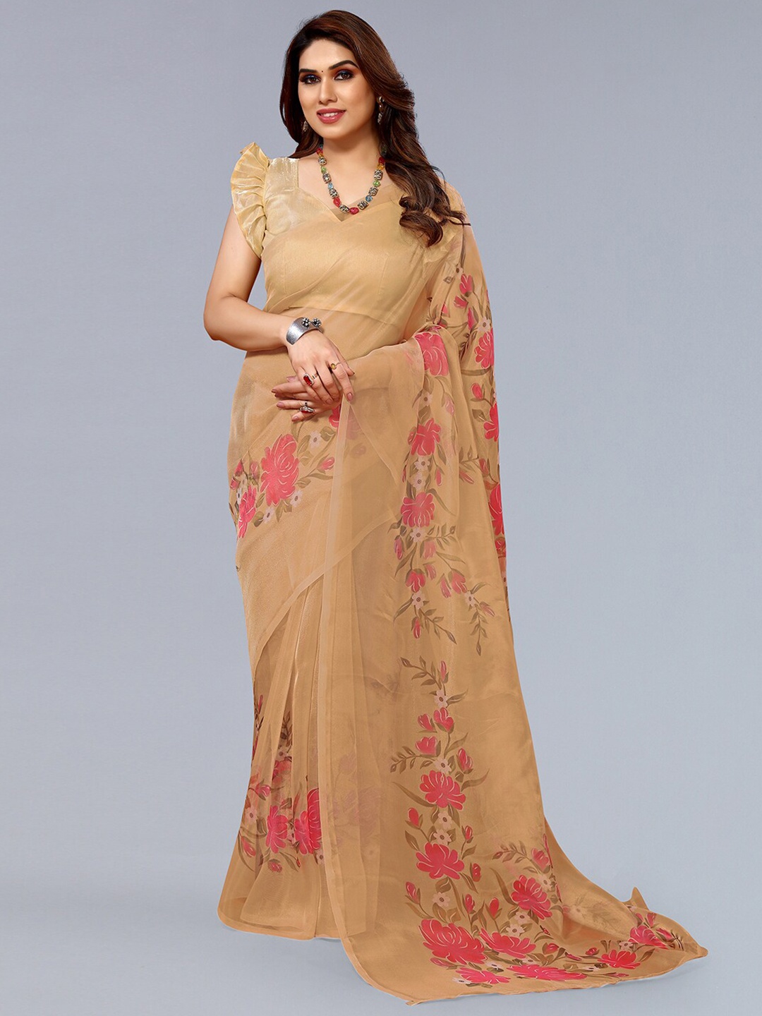 

SIRIL Floral Printed Organza Saree, Brown