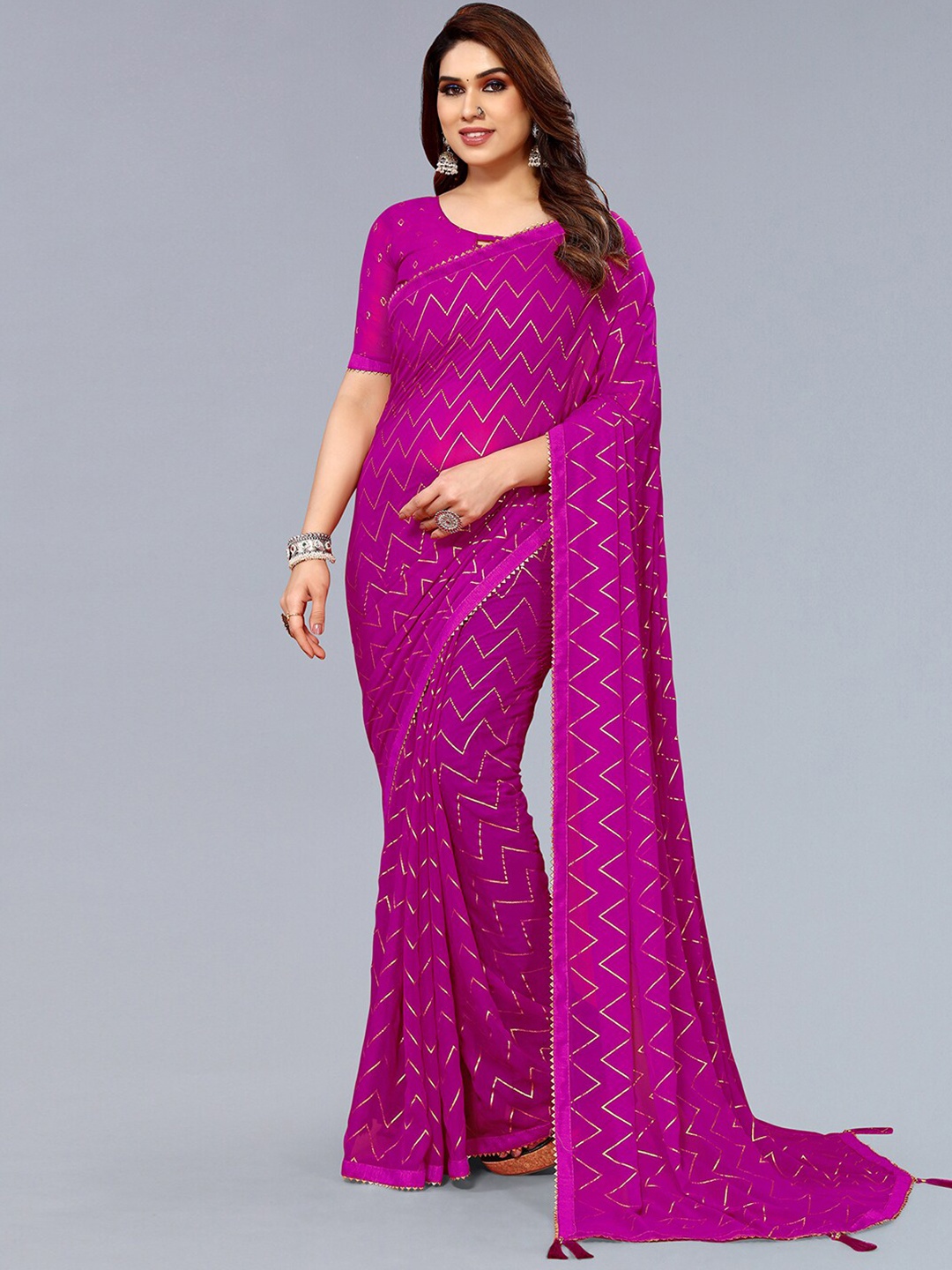 

SIRIL Striped Gotta Patti Saree, Pink
