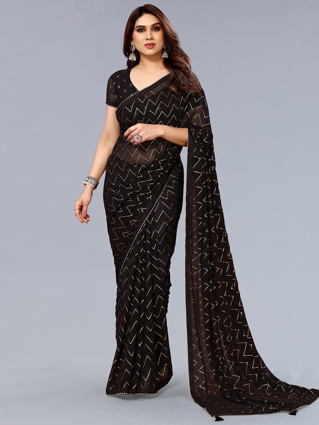 

SIRIL Striped Gotta Patti Saree, Black