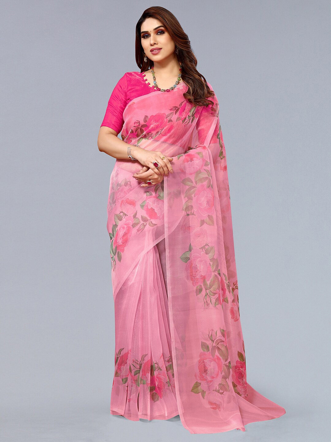 

SIRIL Floral Organza Block Print Saree, Pink