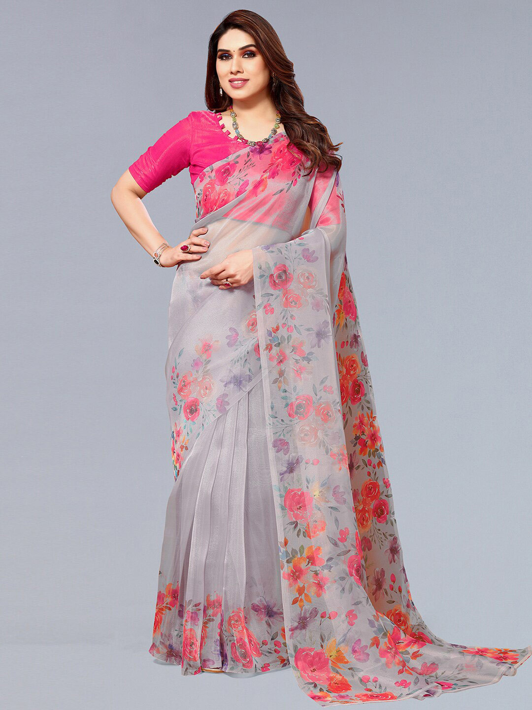 

SIRIL Floral Organza Block Print Saree, Grey