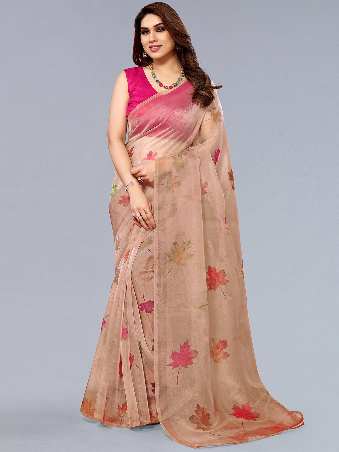 

SIRIL Floral Organza Block Print Saree, Peach