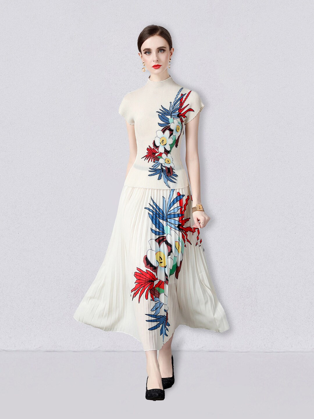 

JC Collection Floral Printed High Neck Top & Accordion Pleated Skirt, White