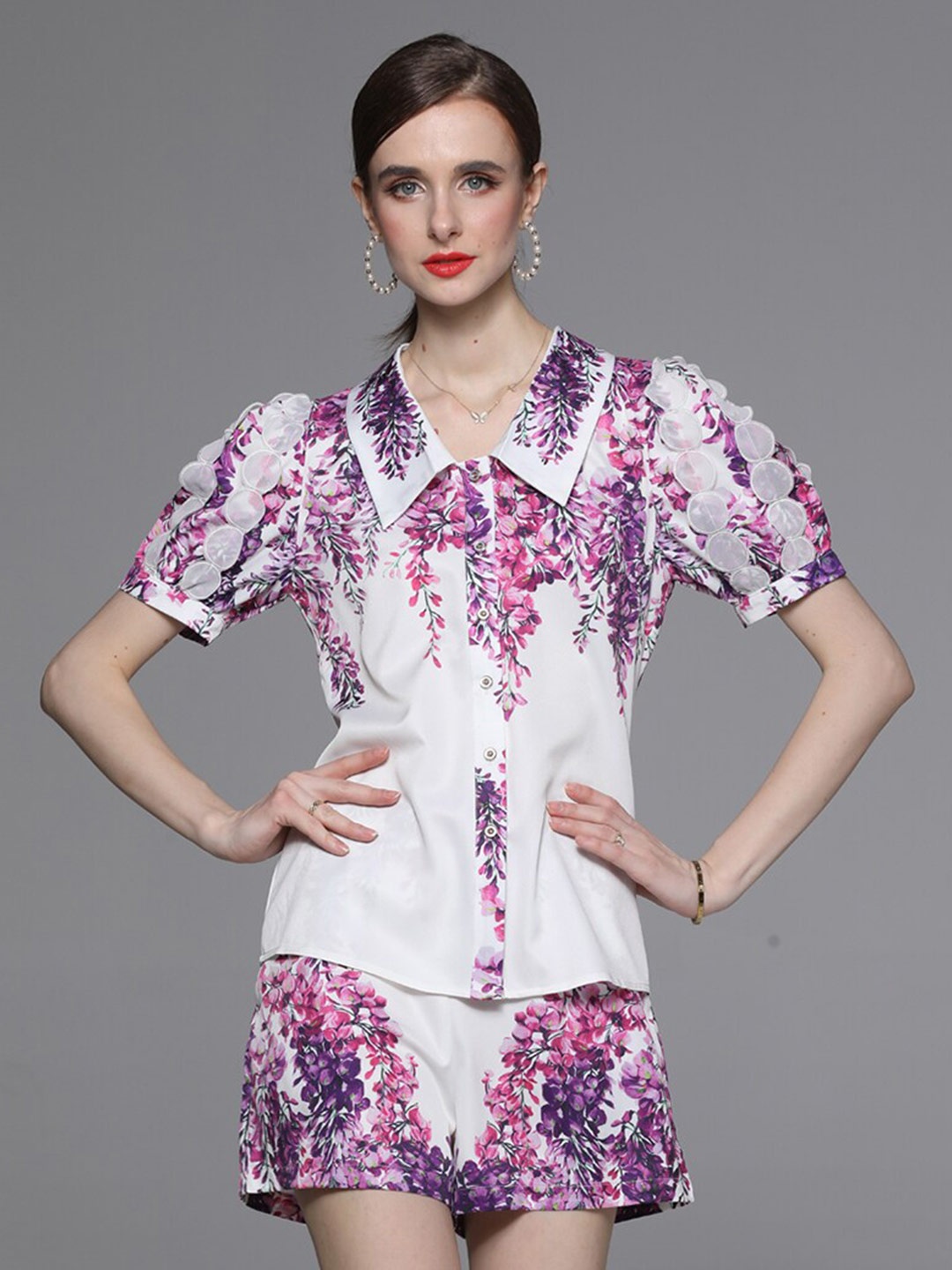 

JC Collection Floral Printed Shirt Style Top with Shorts, White