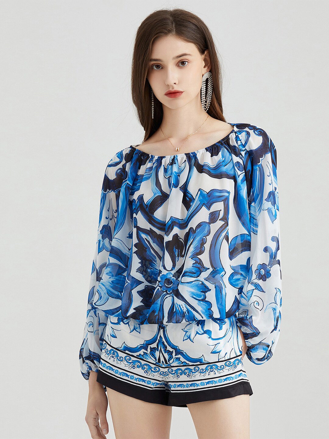 

JC Collection Ethnic Motifs Printed Top with Shorts, Blue