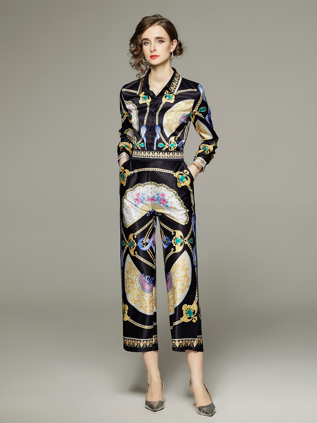 

JC Collection Printed Shirt & Trousers, Black