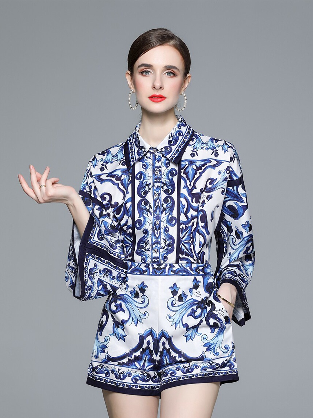 

JC Collection Printed Drop-Shoulder Shirt With Shorts, White