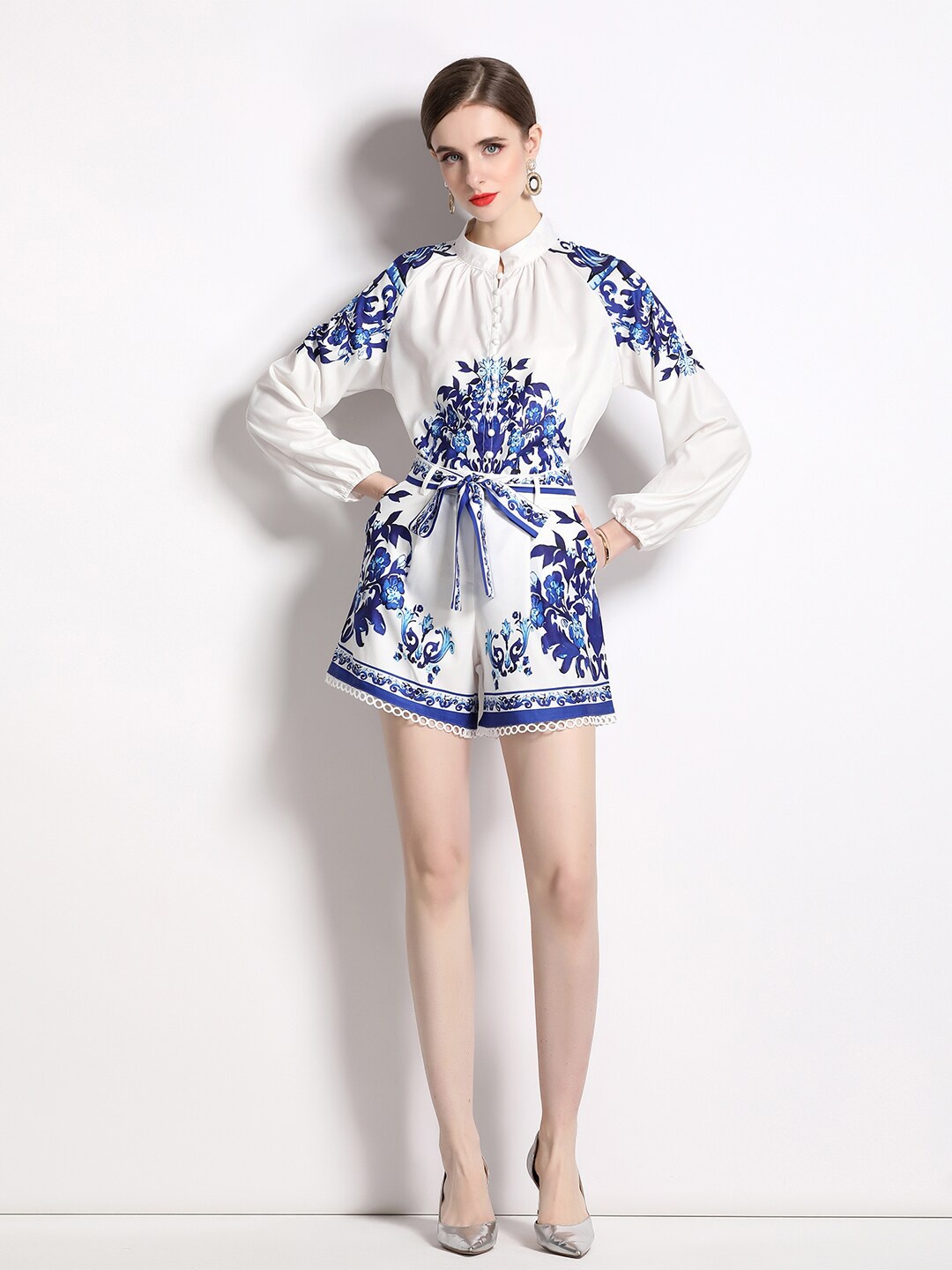 

JC Collection Manadrin Collar Floral Printed Top With Short, White